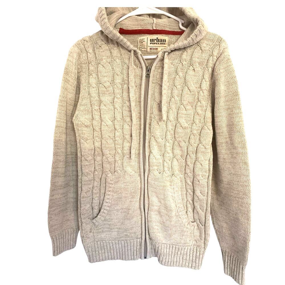 Urban Pipeline Sweater Hoodie M Cream Cable Knit Full Zip Cardigigan